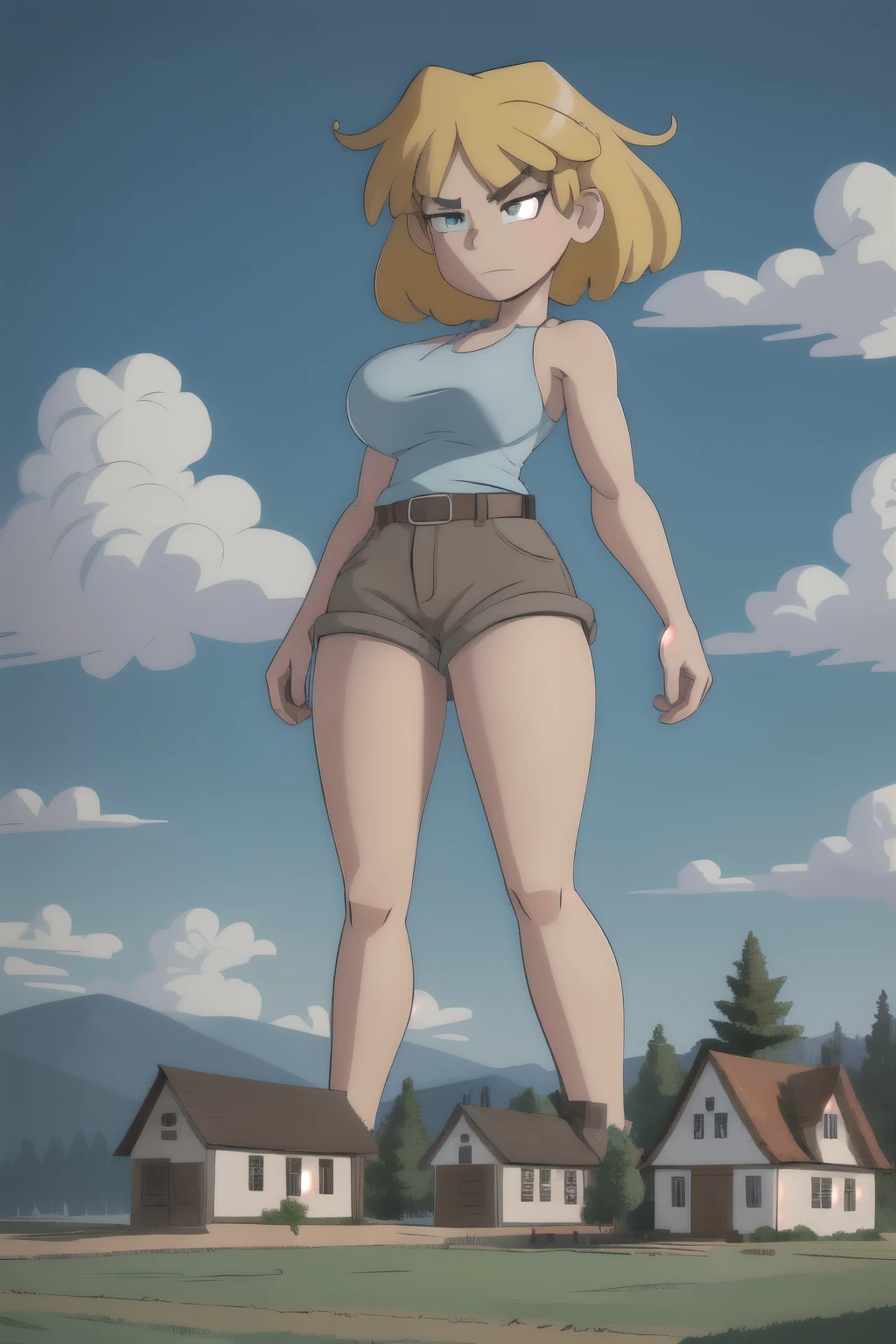 giantess looming over a single house in a field, kneeling, partially obscured, kneeling over a house in a field, one leg obscured, 1leg, tower between her legs, destroying a building, destruction, debris, crushing a building, tiny building between her legs
one house, spread legs:1.5, legs spread:1.5, giantess in a field with a house, cowgirl position:2
house obscuring view,
Forests, flowers, lakes, blue sky, white clouds, cutebuild style masterpiece, best quality, highres, Lori Loud, blonde hair, short hair, light blue tank top, brown shorts, slightly annoyed expression, big breast, big butt, barefoot, GTS, giantess, 1girl, solo, (Kneeling on top of a building), partially obscured, countryside, nature, rural, grass, mountains in the background, daytime, outdoors, partially obscured:3, looking down, fence in the foreground, building between legs, trees,
BREAK (16k, highres, high quality, masterpiece, ultra detailed, perfect lighting:1.1), looking down,
masterpiece, best quality, 1girl, solo,
destruction, rampage, debris, rubble,