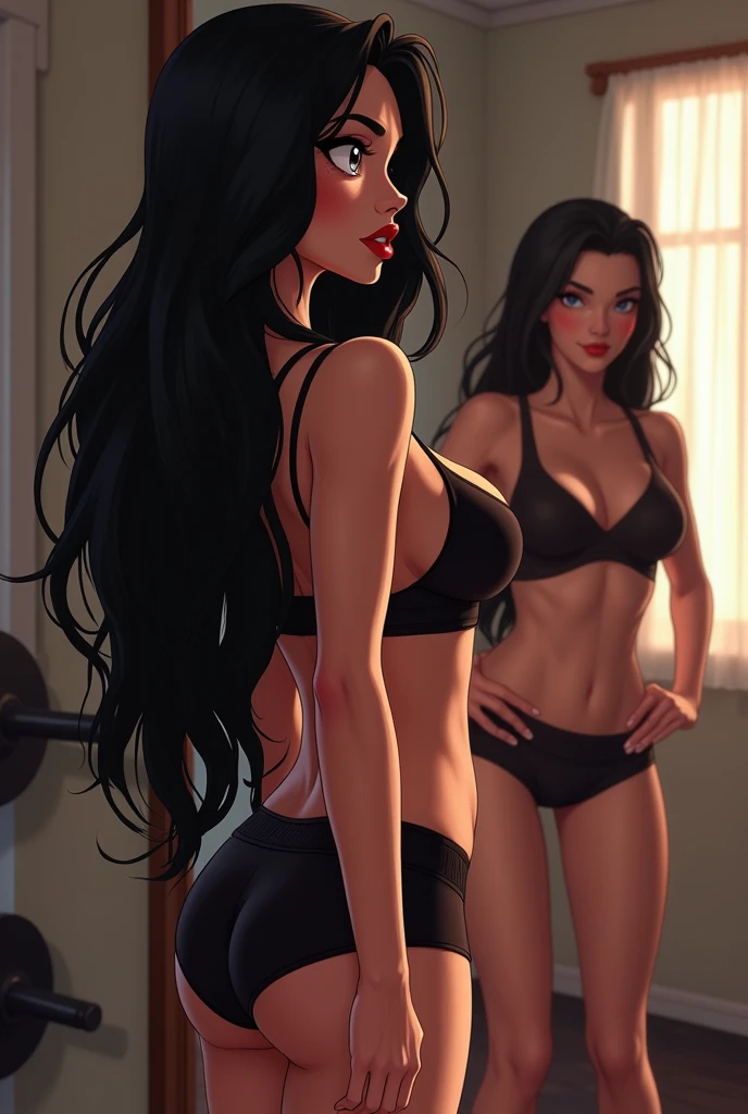 A woman stands confidently in front of a bathroom mirror, her back facing the camera, as she gazes over her shoulder with a subtle smile. Her long, dark locks cascade down her back, framing her lithe figure clad in a white crop top and sheer underwear that casts a romantic glow. The soft focus highlights the gentle curve of her shoulders and the gentle sheen on her skin.