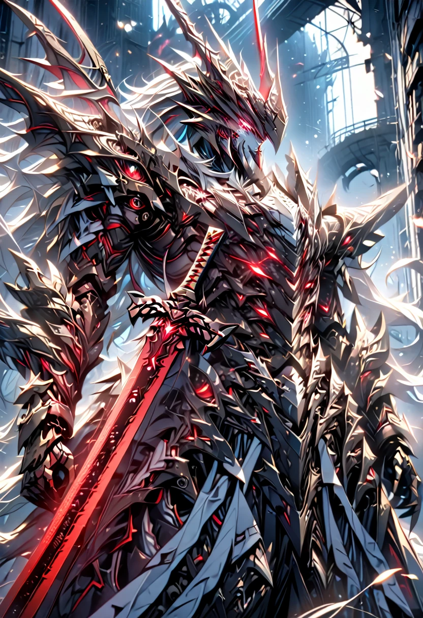 anime、high quality、Detailed fan art、dark and intense atmosphere, ((male))Long Wavy Hair, Black and white flowing robe, Elaborate armor, Mechanical Dragon Vehicle, Drawn Sword, command pose, Look straight ahead, Focused gaze, Glowing red eyes, Moonlight Background, Industrial ruins, Dramatic backlighting, Forward projected shadow, High Angle, Detailed highlights, Metallic luster, High Contrast, Sharp details, Capturing dynamic movement, Deep writing depth.