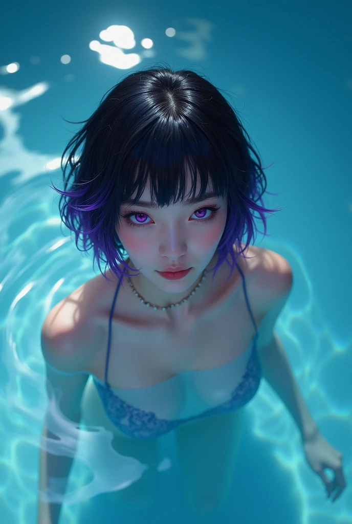 Highest quality,Highest Resolution,sexy,Swimwear,Vibrant colors,Very beautiful eyes,Big Breasts,whole body,goggles,Black Hair,In the water,no gravity