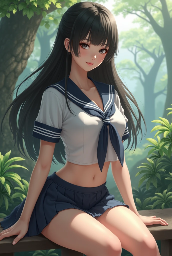 art by Cornflower, dreamy, (masterpiece, best quality, perfect anatomy, beautiful face, realistic, ultra detailed,1girl,18ears old,solo,depth of field,Canon 24mm Lens,f1.4,cute_girl,sailor_ collar, clear facial features, short sleeves, large breasts, thin stature, height 170, barefoot, double ponytail, bangs, gravure pose, hands between legs, outdoors, jungle, blurred background, (uwabaki: 1.1576))