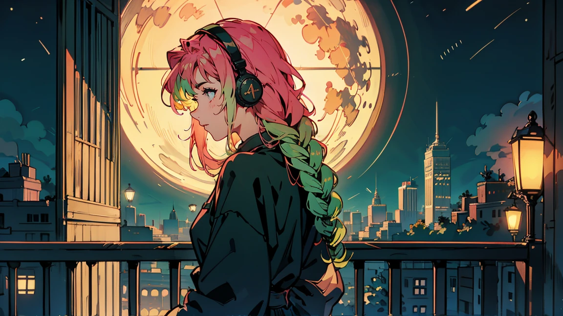 Bright pink hair , Rose Hair (Dark Pink), Green bristles, Gradient Hair, Multi-coloured hair, Long Hair, Quif, Twin Blade, Braid、Green Eyes, Highest quality, 8k, Full moon and starry sky, The cityscape shining in the foreground. Profile Female, Wearing polka-dot pajamas. He is wearing large headphones and watching the audience... There is a balcony railing in front. I can see the curtains at the back of the room... Contrast of the dark night sky and bright city lights. peaceful, A contemplative mood. Detailed building background. soft, A warm color palette with emphasis on blue and orange. comfortable, Late-night atmosphere. The image shows々A variety of colors are used