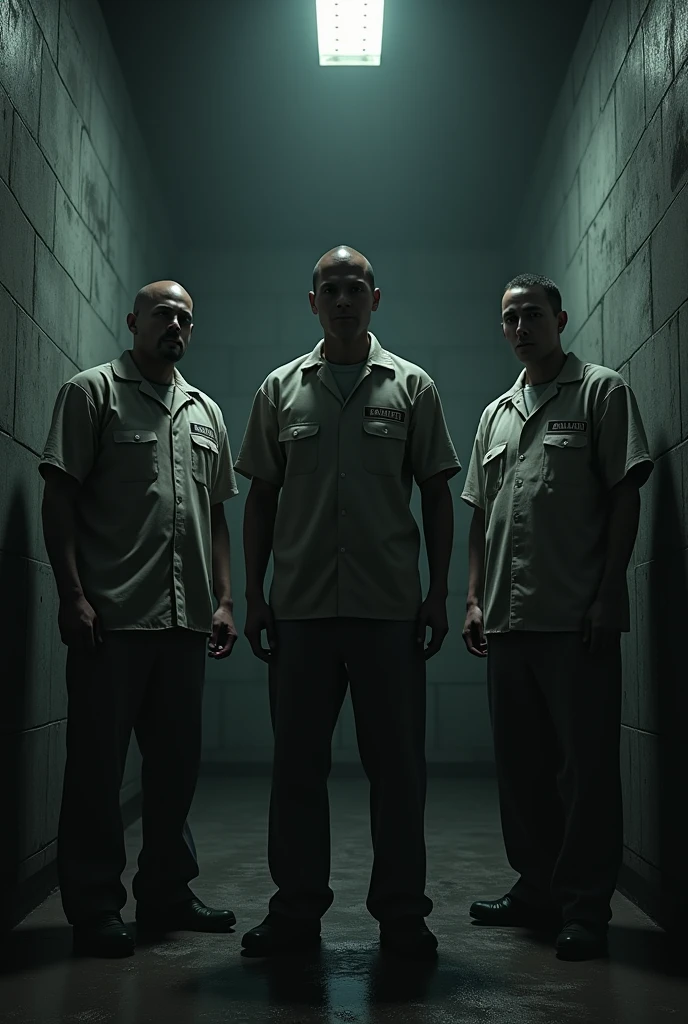 Three men in prison uniforms are in a dimly lit room., cinematographic cg society, payday 2, cgsociety 9, detailed cinematic photography, Arkham, by Richard Kane Ferguson, photorealistic dark concept art, realistic riot control entertainment, hyperrealistic fantasy art, prison scene, promotional images, Prison background, ciudad de Arkham, CG game, cinematic keyframe, Promotional image