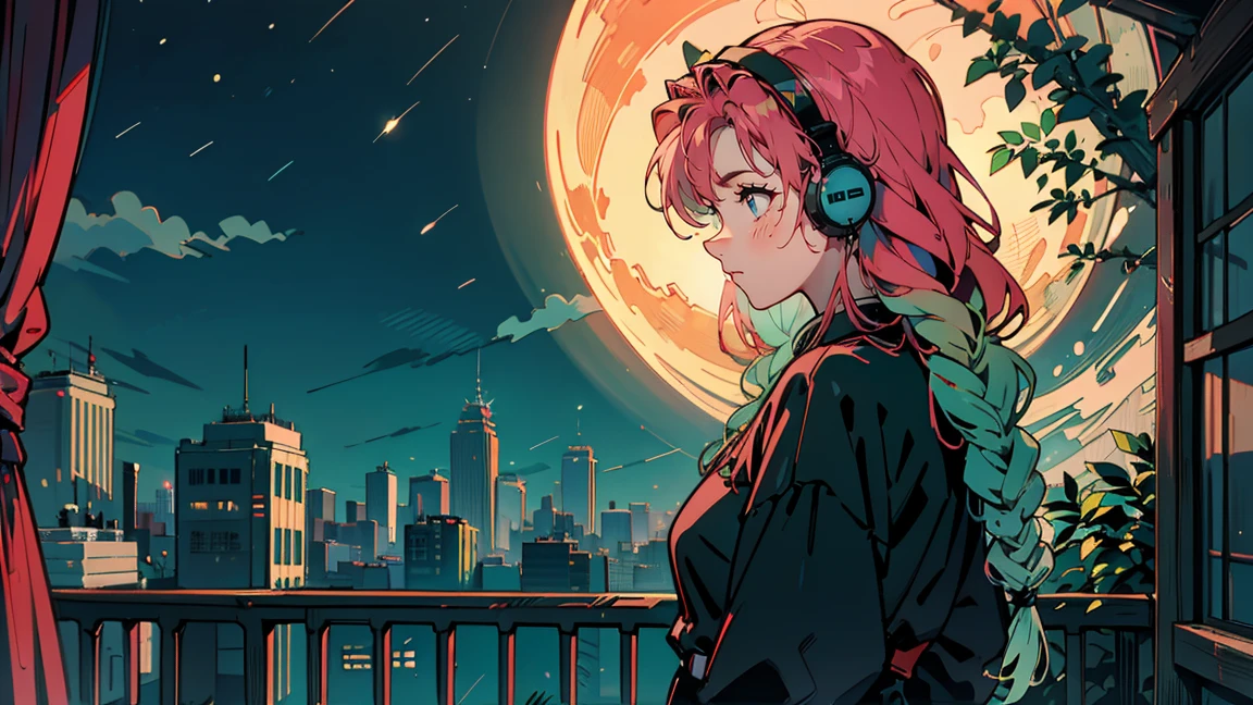 Bright pink hair , Rose Hair (Dark Pink), Green bristles, Gradient Hair, Multi-coloured hair, Long Hair, Quif, Twin Blade, Braid、Green Eyes, Highest quality, 8k, Full moon and starry sky, The cityscape shining in the foreground. Profile Female, Wearing polka-dot pajamas. He is wearing large headphones and watching the audience... There is a balcony railing in front. I can see the curtains at the back of the room... Contrast of the dark night sky and bright city lights. peaceful, A contemplative mood. Detailed building background. soft, A warm color palette with emphasis on blue and orange. comfortable, Late-night atmosphere. The image shows々A variety of colors are used