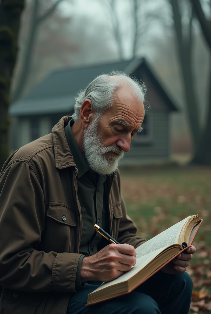 An elderly man in a cowboy hat with a cigarette in his mouth sitting under a tree with a book in his hand