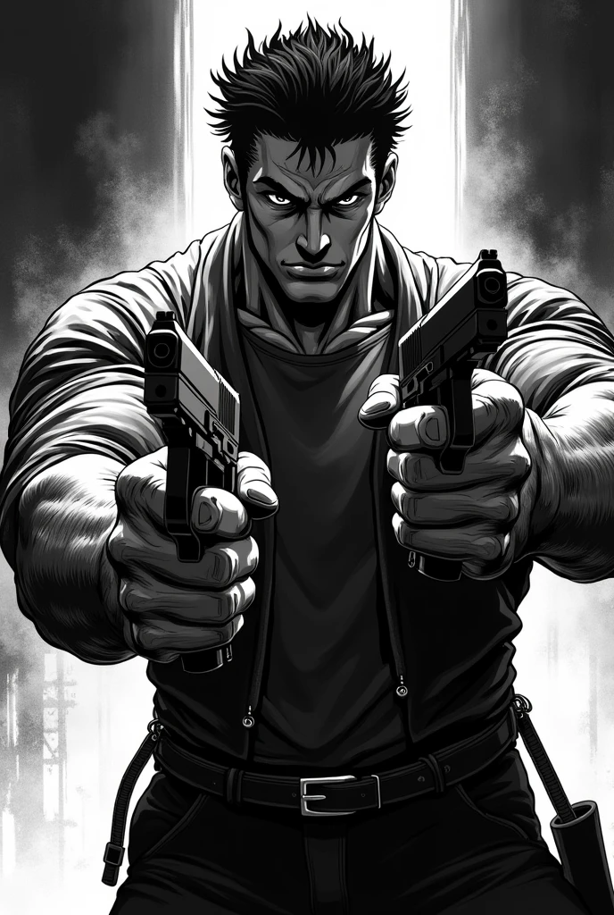 Create an 8K black and white image of a male anime hero that embodies style and charisma. The image should show the hero's sequential actions to save the world, fight villains and show kindness. Must feature vibrant illustrations with perfect lighting and maximum quality. The character's face and human features should be highly detailed and easily recognizable. The hero should be portrayed with a captivating and attractive outfit. The surroundings should represent a post-apocalyptic scene of destruction and terror, mantendo ao mesmo tempo o realismo e a clareza.