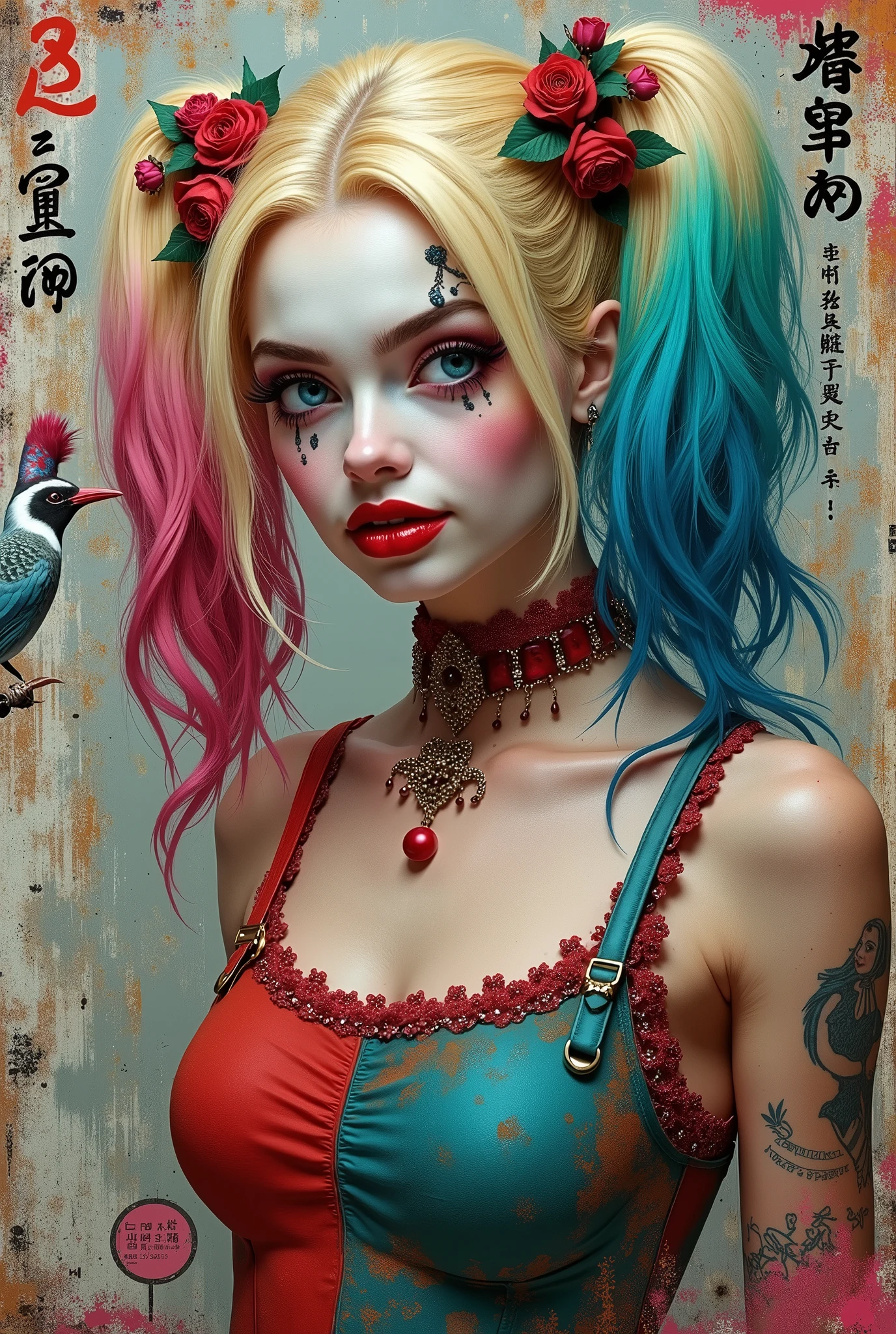 illustration of Alice of Wonderland in a rebellious pin-up style, Japanese manga style, wearing a bold look with a mix of classic and modern elements. Her skin is adorned with vibrant tattoos that show her rebellious nature, imagem contra fundo branco.
