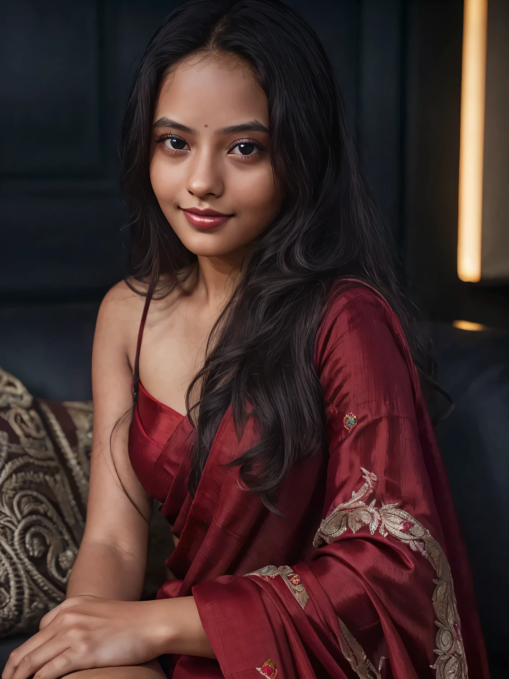 (Surrealism, modern, depth of field, cinematic lighting, glowing light, drop shadow, UHD, masterpiece, super detail, highres, 8k, hyper realist, extremely detailed, best quality, high detail, Ultra High Resolution, Realistic, Raw photography). (A pretty woman). (Random curly hair). (double eyelid). (Solo). (Poses freely on the sofa, ). (In the nighttime, deep shadow). (Light Smile). (red silk saree, embroidered patterns). (Cowboy shot).