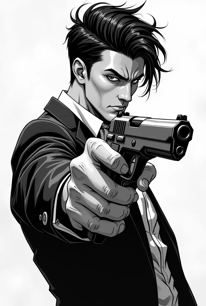 Black hair mohawk, dark skin, handgun, black suit vest, cigarette