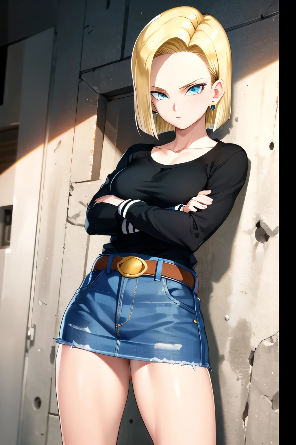 Android 18, 1girl, android 18, solo, blonde hair, blue eyes, short hair, mountain, crossed arms, belt, denim skirt, earrings, (long white sleeves:1.3), jewelry, looking at viewer, standing, shirt, blue skirt, collarbone, black shirt, denim, striped sleeves, breasts, 