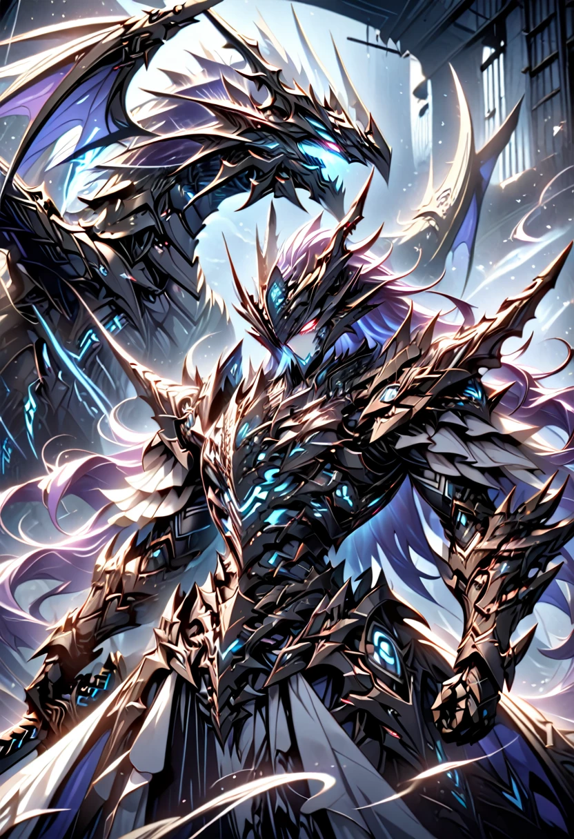 anime、high quality、Detailed fan art、dark and intense atmosphere, ((male))Handsome、Purple long wavy hair, Black and white flowing robe, Elaborate armor, Mechanical Dragon Vehicle, Drawn Sword, command pose, Dynamic pose, Focused gaze, Glowing red eyes, Moonlight Background, Industrial ruins, Dramatic backlighting, Forward projected shadow, High Angle, Detailed highlights, Metallic luster, High Contrast, Sharp details, Capturing dynamic movement, Deep writing depth. Dramatic backlighting with intense highlights and shadows, Dynamic and intense atmosphere, アクション満載のシーンを捉えたDeep writing depthで詳細な背景.