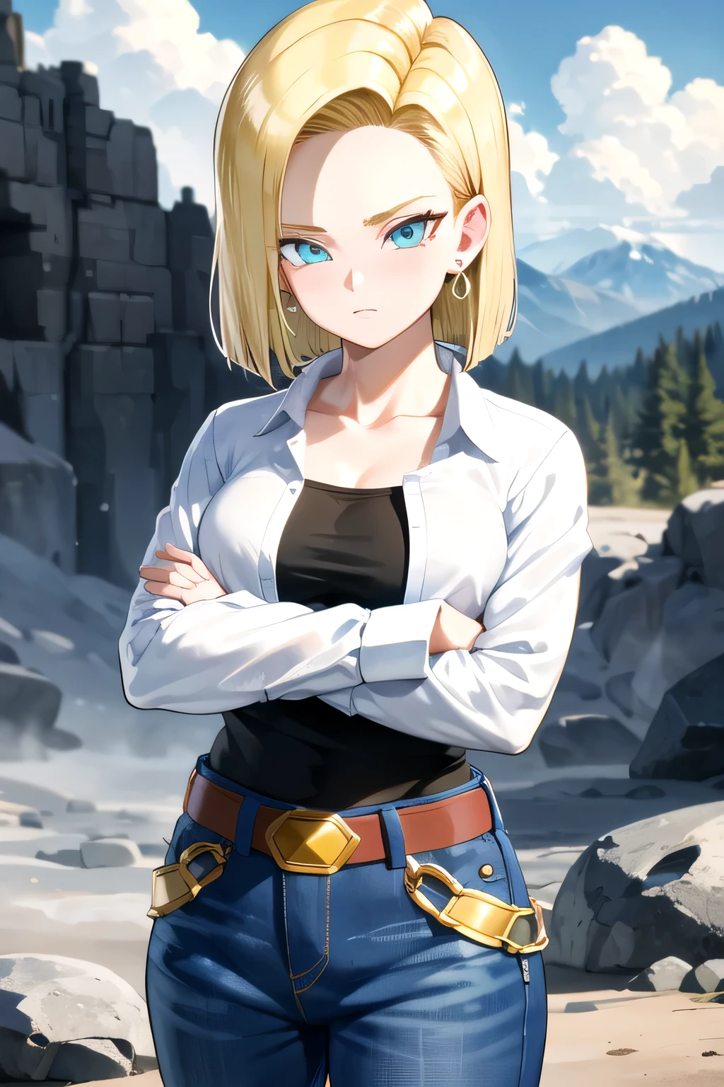 Android 18, 1girl, android 18, solo, blonde hair, blue eyes, short hair, mountain, crossed arms, belt, denim skirt, earrings, (long white sleeves:1.3), jewelry, looking at viewer, standing, shirt, blue skirt, collarbone, black shirt, denim, striped sleeves, breasts, 