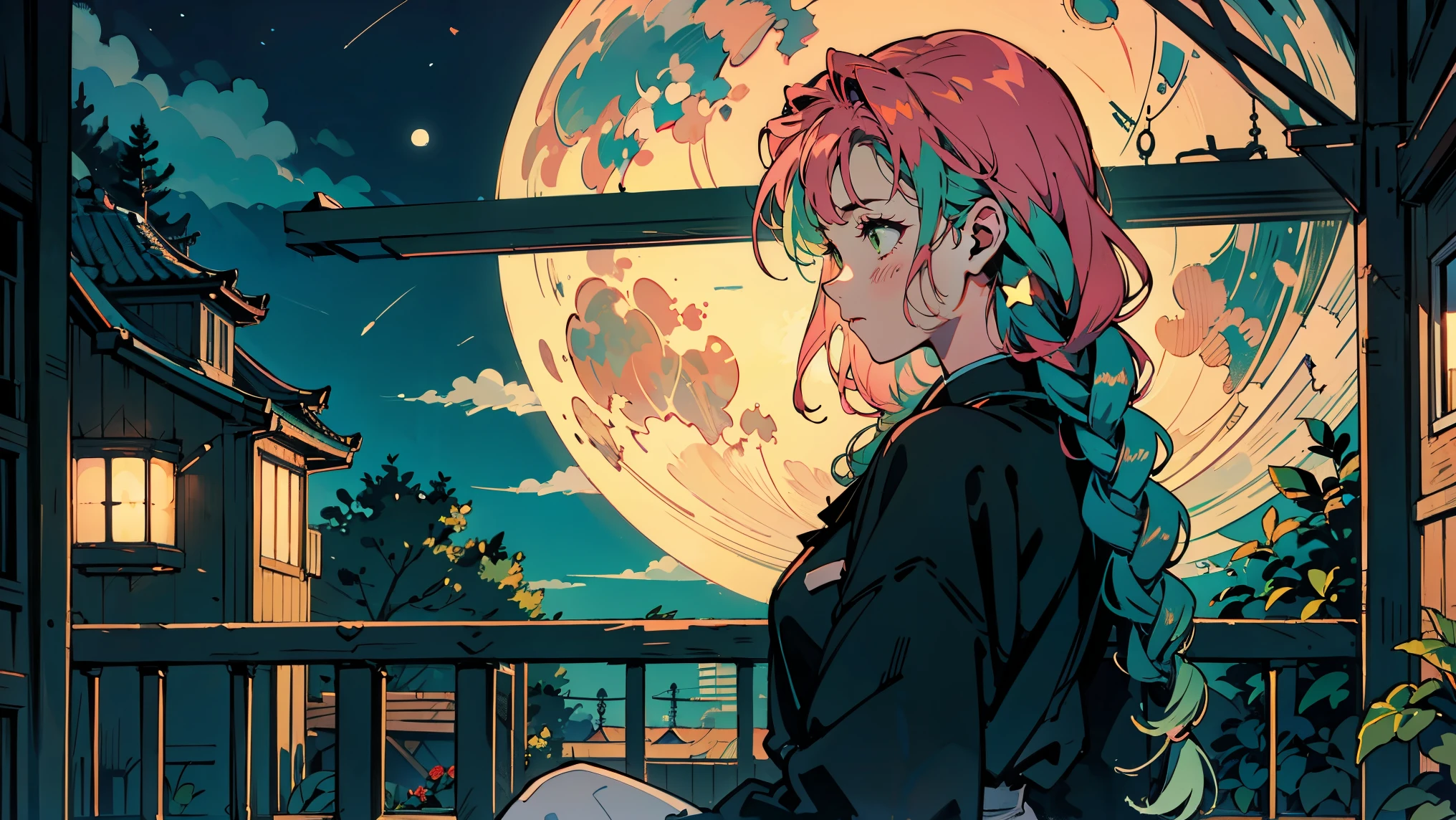 Bright pink hair , Rose Hair (Dark Pink), Green bristles, Gradient Hair, Multi-coloured hair, Long Hair, Quif, Twin Blade, Braid、Green Eyes, Highest quality, 8k, Full moon and starry sky, The cityscape shining in the foreground. Profile Female, Wearing polka-dot pajamas. He is wearing large headphones and watching the audience... There is a balcony railing in front. I can see the curtains at the back of the room... Contrast of the dark night sky and bright city lights. peaceful, A contemplative mood. Detailed building background. soft, A warm color palette with emphasis on blue and orange. comfortable, Late-night atmosphere. The image shows々A variety of colors are used