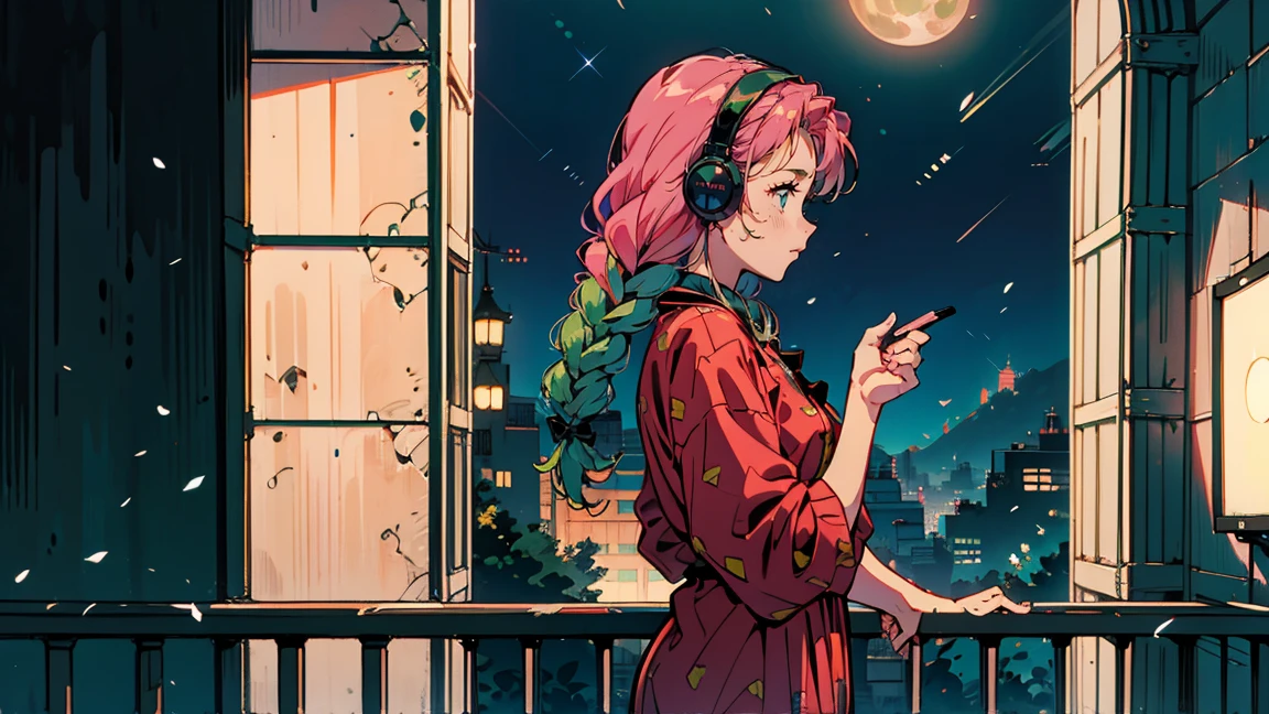 Bright pink hair , Rose Hair (Dark Pink), Green bristles, Gradient Hair, Multi-coloured hair, Long Hair, Quif, Twin Blade, Braid、Green Eyes, Highest quality, 8k, Full moon and starry sky, The cityscape shining in the foreground. Profile Female, Wearing polka-dot pajamas. He is wearing large headphones and watching the audience... There is a balcony railing in front. I can see the curtains at the back of the room... Contrast of the dark night sky and bright city lights. peaceful, A contemplative mood. Detailed building background. soft, A warm color palette with emphasis on blue and orange. comfortable, Late-night atmosphere. The image shows々A variety of colors are used