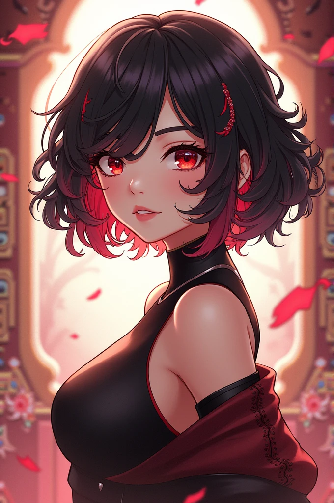 she is black, with black and red curly hair, she is , it's an anime character, She is kind but serious and black