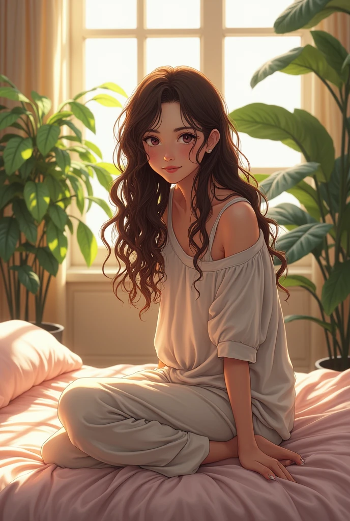(photorealism:1.2),anime beautiful woman, sitting on bed, wearing loose off-shoulder top, pajama pants, long curly hair, indoors, soft lighting, plants in background, window with sunlight, cozy room, relaxed pose, realistic, intricate details, warm colors, by Greg Rutkowski, by Alphonse Mucha