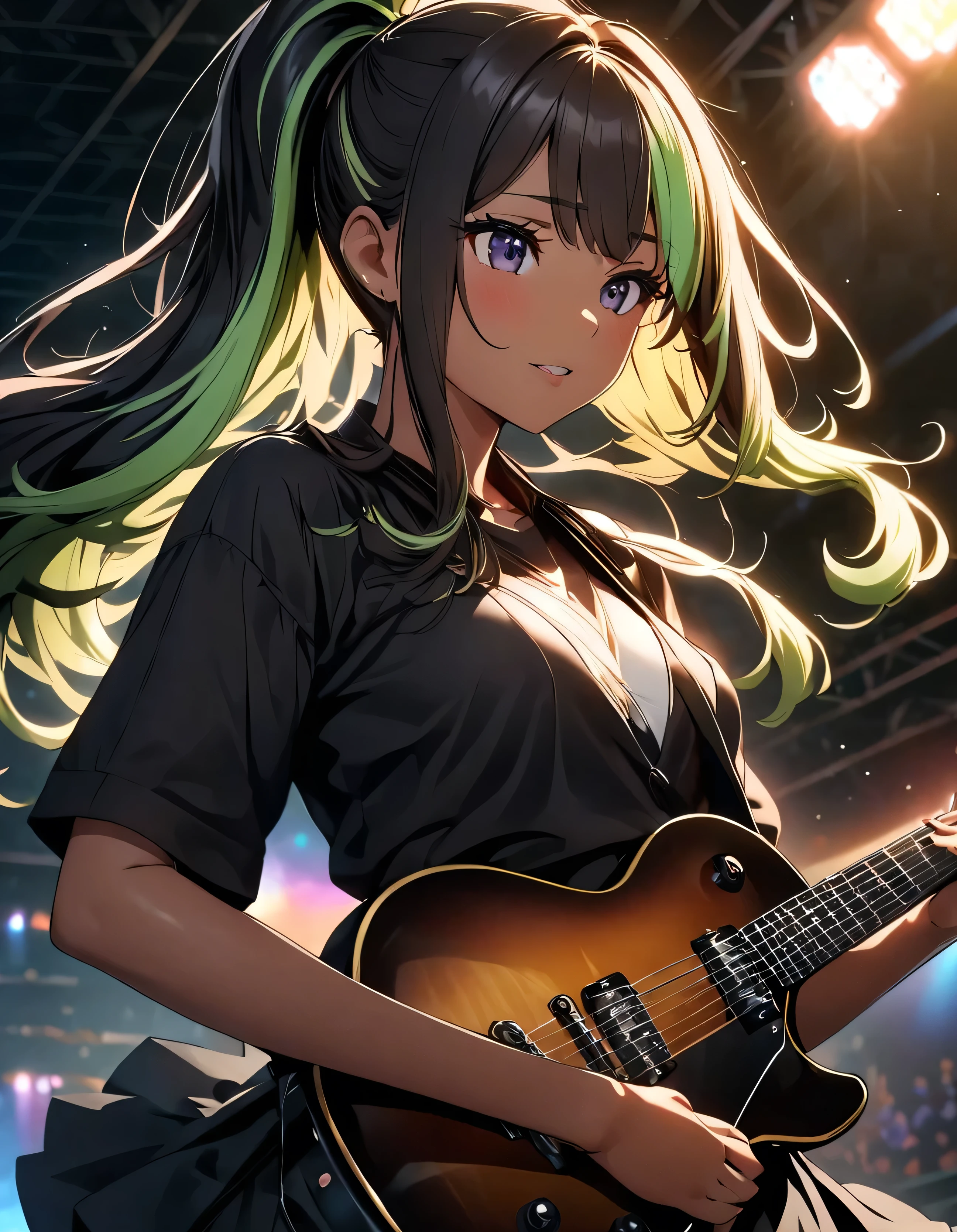 (highest quality:1.2, Very detailed, up to date, Vibrant, Ultra-high resolution, High Contrast, masterpiece:1.2, highest quality, Best aesthetics), Portraiture、girl、singer、stage、performance、Rock Music、Bright colors、Beautiful fine details、Beautiful lip detail、long hair、ponytail, white and yellow green ((streaked hair:1.6)), highlights hair: 1.5, middium breast, (tan skin:1.1), Music band、Cheerful pose、Concert Light、Edgy Style、black Skirt-style-bikini、loose fit, Dynamic Movement、hypnotic sounds、Stadium、amplifier、Loud music、Electric guiter、Gibson Les-Paul special, mike stand, Powerful vocals、Passionate performance、Sparkling stage、Concert atmosphere、Music Festival、Full of emotion、Rock star attitude、Resolute expression、Avid Fan、The presence of an attractive stage、 Expressive gestures、Rock star aura、An exciting atmosphere、Sing with all your heart、An unforgettable show, (upper body)
