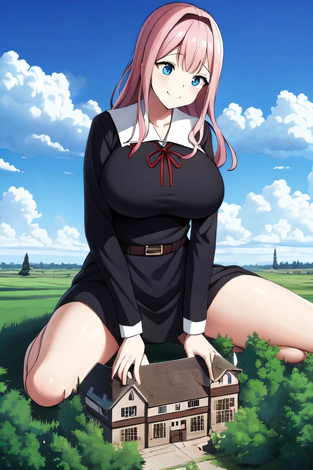 giantess looming over a single house in a field, kneeling, partially obscured, kneeling over a house in a field, one leg obscured, 1leg, tower between her legs, destroying a building, destruction, debris, crushing a building, tiny building between her legs one house, spread legs:1.5, legs spread:1.5, giantess in a field with a house, cowgirl position:2 house obscuring view, Forests, flowers, lakes, blue sky, white clouds, cutebuild style masterpiece, best quality, highres, shuuchiin academy uniform, fujiwara chika, school uniform,pink hair, red ribbon, black bow, smile, long hair, hair bow, black dress, long sleeves,blue eyes, big breasts, big butt, GTS, giantess, 1girl, solo, (Kneeling on top of a building), partially obscured, countryside, nature, rural, grass, mountains in the background, daytime, outdoors, partially obscured:3, looking down, fence in the foreground, building between legs, trees, BREAK (16k, highres, high quality, masterpiece, ultra detailed, perfect lighting:1.1), , looking down, masterpiece, best quality, 1girl, solo, destruction, rampage, debris, rubble,