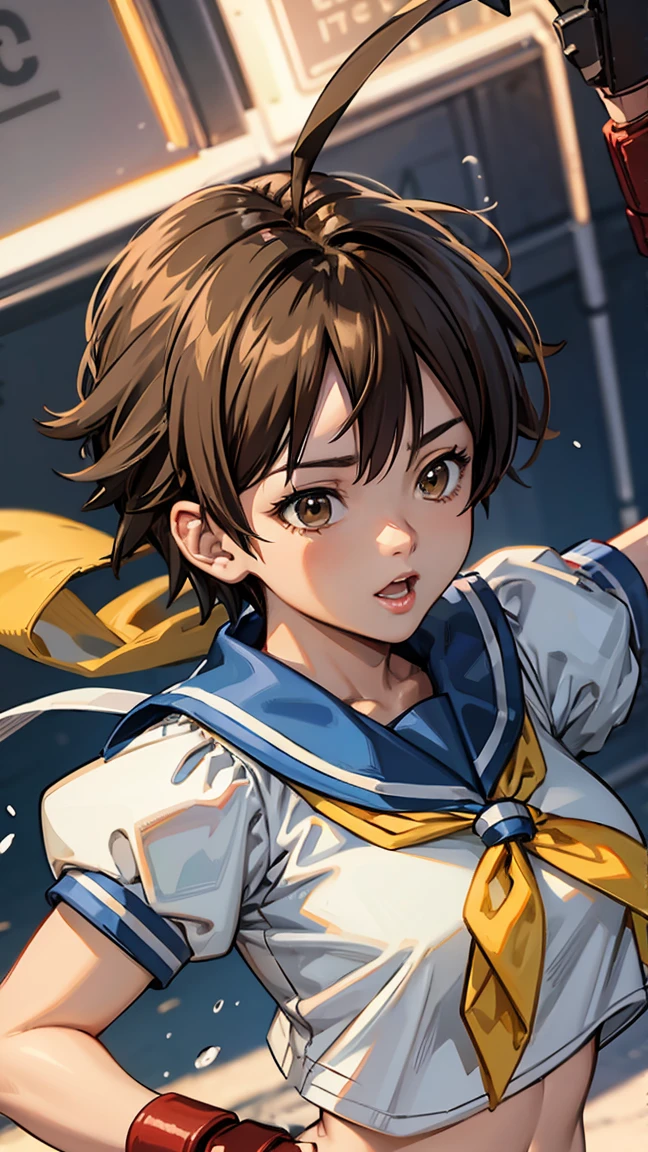 kasugano sakura,
Brown eyes, Brown Hair, short hair, bangs, Ahoge, head band, , Puff sleeves, Crop top, Yellow neckerchief, Blue Skirt, Fingerless gloves, Thighs, White socks, Red footwear,(Upper Body:1.3),Open your mouth,(Drop Kick:1.3),Panty shot,(Camel Toe),masterpiece,Noise Reduction,Perfect Anatomy,High resolution, Very detailed,Game CG,Dutch Angle ,Beautiful attention to detail,Visual Arts,Five Fingers, Perfect hands, Perfect lighting,