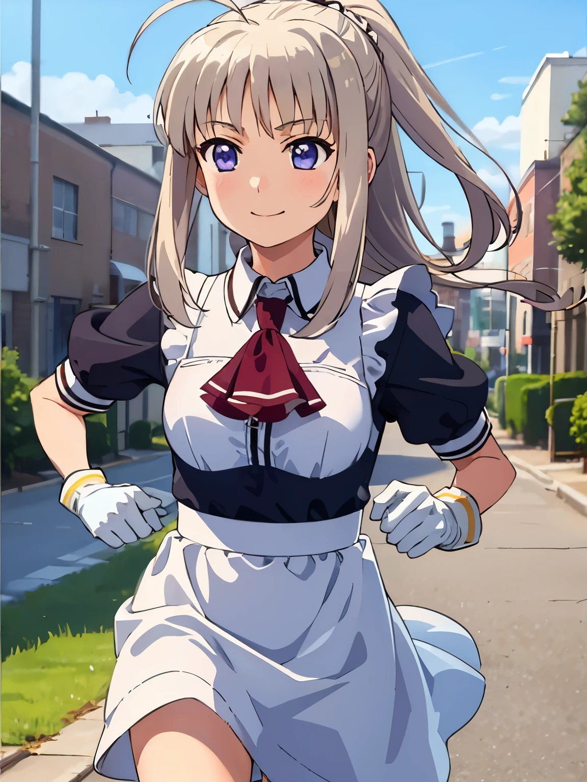 1 girl,rinne berlinetta, (running:1.5), 可愛いsmile, Knee socks, Long Hair, Purple eyes, Ascot,smile, gloves, View your viewers, white Knee socks, Ahoge,ponytail, Long Hair,  skirt, ビクトリア朝Maid clothes、Maid clothes、白いMaid clothes,Closed Mouth、Brown Hair,(Realistic, Genuine, Genuine的、Realistic:1.2), Highest quality、 Cowboy Shot