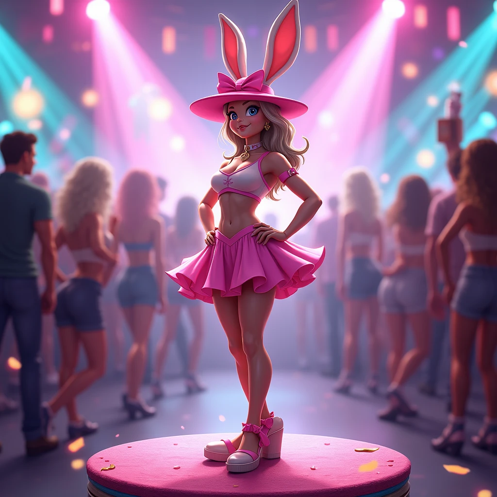 1970s nightclub, beautiful multiracial women wearing "Playboy Bunny" outfits while drinking and dancing, liquor, strobe lights, neon lights, disco ball, cinematic action, masterpiece, super detail, textured skin, atmospheric perspective,