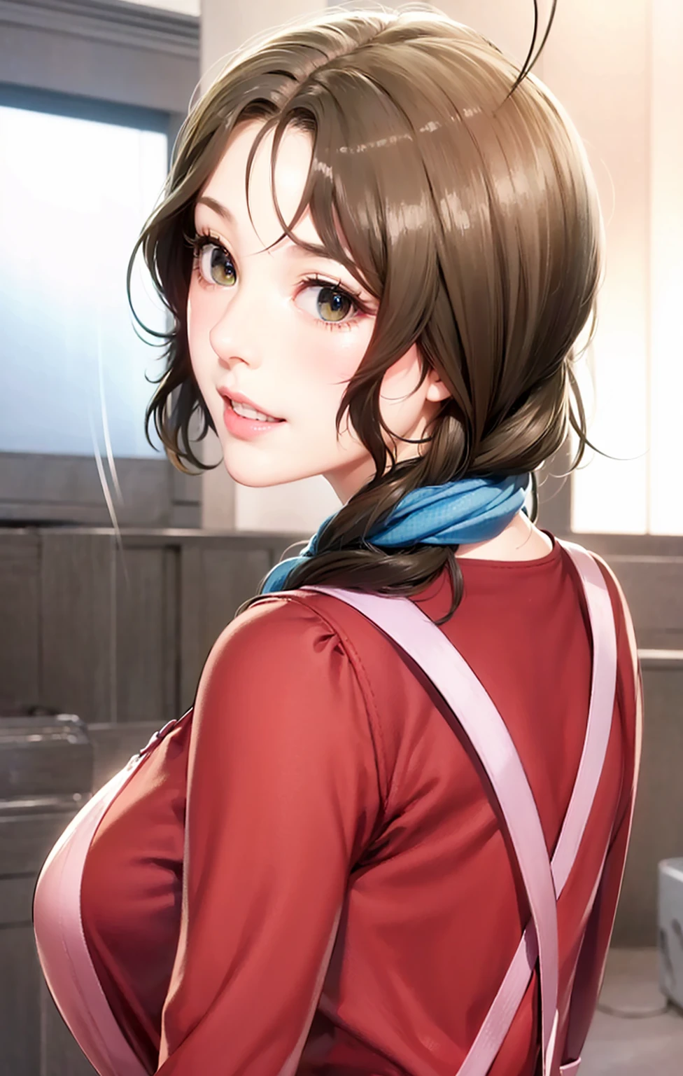 high quality, ultra detailed, masterpiece, realistic, 1girl, mature female, milf, motherly, 40 years old, red clothes, pink apron, large breasts, brown hair, single braid, open mouth, looking at viewer, blue hair tie, ultra high res.photo realistic: 1.4, UDH
