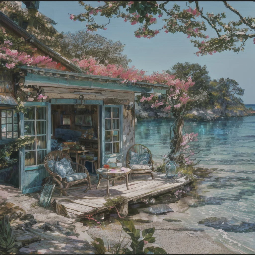 Colorful and inviting seaside retreat: a cozy, rustic cottage adorned with vibrant pink flowers sits beside crystal-clear turquoise waters. Comfortable wicker chairs adorned with blue cushions and a small white table set for relaxation occupy a sunlit wooden deck that extends right into the water's edge. The scene is framed by lush greenery and delicate flower-covered branches, creating a serene, picturesque atmosphere of natural beauty and tranquility.  beautiful iphone wallpaper, very detailed background, by Edward Okuń, 4k hd,, beautiful art uhd 4 k, a beautiful artwork illustration, beautiful digital painting, highly detailed digital painting, beautiful digital artwork, detailed painting 4 k, very detailed digital painting, rich picturesque colors, gorgeous digital painting