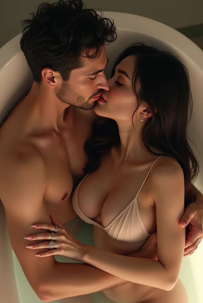 Young lesbians and a man lying completely naked in a big bathtub. Full figure. They are excited. They are passionately making love, teasing each other's genitals with their hands. Realistic depiction, photo quality, lots of light.