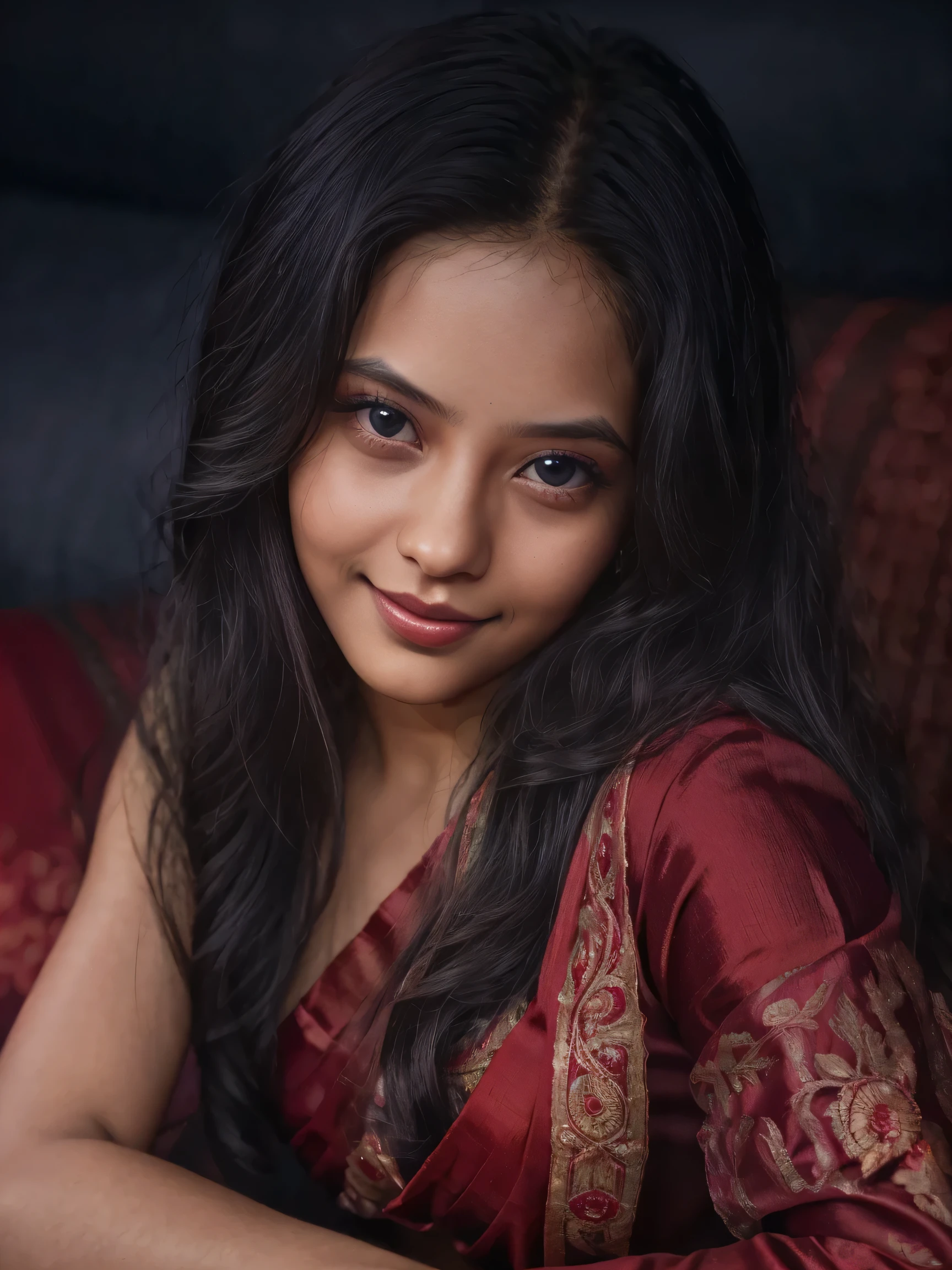 (Surrealism, modern, depth of field, cinematic lighting, glowing light, drop shadow, UHD, masterpiece, super detail, highres, 8k, hyper realist, extremely detailed, best quality, high detail, Ultra High Resolution, Realistic, Raw photography). (A pretty woman). (Random curly hair). (double eyelid). (Solo). (Poses freely on the sofa, ). (In the nighttime, deep shadow). (Light Smile). (red silk saree, embroidered patterns). (Cowboy shot).