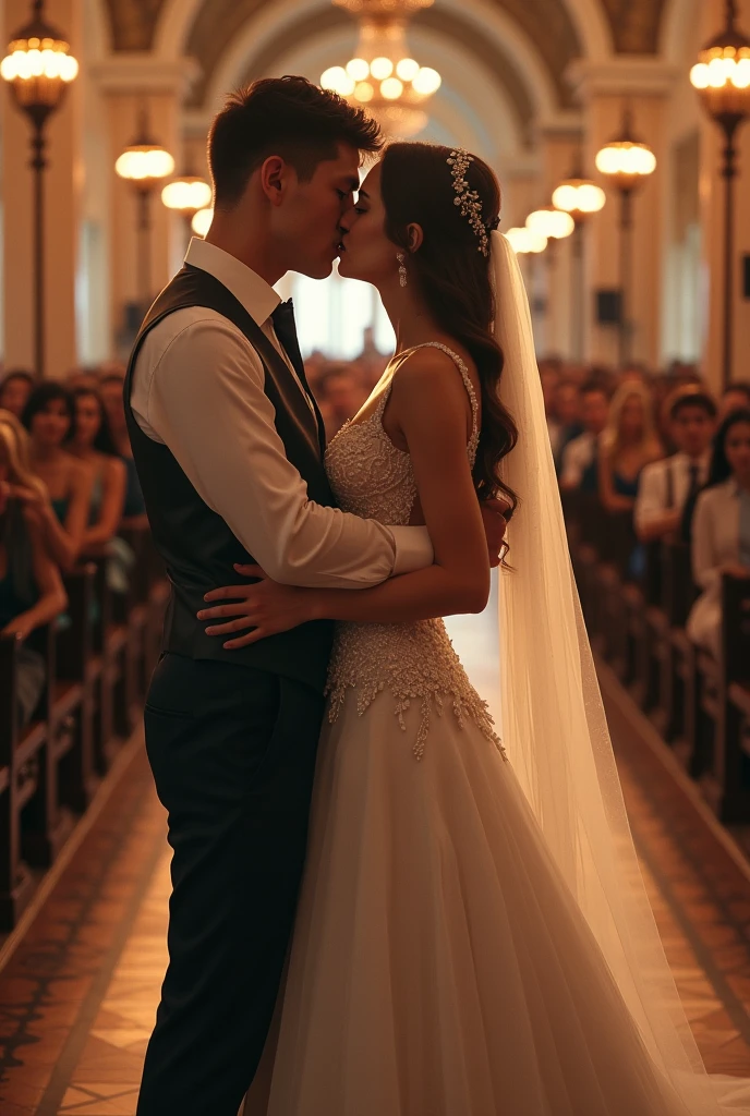 (Always must have Father-daughter together always portrait:1.9)), (a cute 18 year old bride with innocent face intimately embracing her father:1.7), pinned against a wall, high quality fingers, normal hands, detailed fingers, masterpiece, (she is wearing an ultra  micro-mini bridal skirt:1.7), (realistic, photo-realistic:1.37), (full body:1.5), (masterpiece), best quality, ultra beautiful woman, (thin slender legs:1.5), FF cupped , deep cleavage:1.5, thin waist, perfect teeth, blonde hair, bright blue eyes, cute round , with a fun quirky smile, unbuttoned blouse, inside a church getting married to her son , family hug photo, view from front 