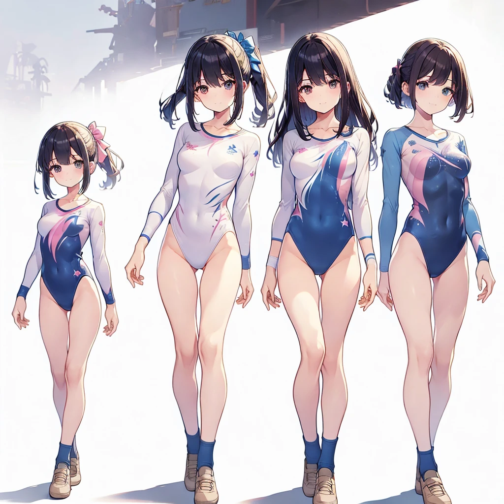 ((full body)),(masterpiece, best quality), (3 girls1.5) ,((Contrapposto:1.5)), looking at viewer, walking,((v_arms:1.2)), wearing gymnastics_longsleeves_leotard_outfit leotard:1.3),(blue leotard) ,(stars print:1.3), BREAK masterpiece black hair, ((long hair:1.2)), ((parted bangs:1.3)), black eyes, good hand, ((small breasts)), (over 20 years old, under 25 years old:1.2), , spotlight, happy, smile, BREAK in the class room