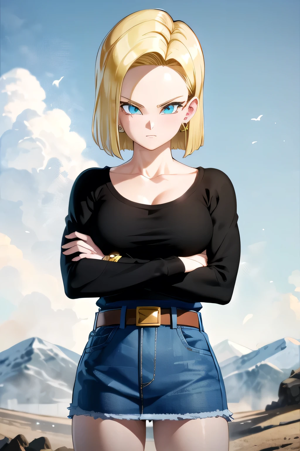 Android 18, 1girl, android 18, solo, blonde hair, blue eyes, short hair, mountain, crossed arms, belt, denim skirt, earrings, (long white sleeves:1.3), jewelry, looking at viewer, standing, shirt, blue skirt, collarbone, black shirt, denim, striped sleeves, breasts,