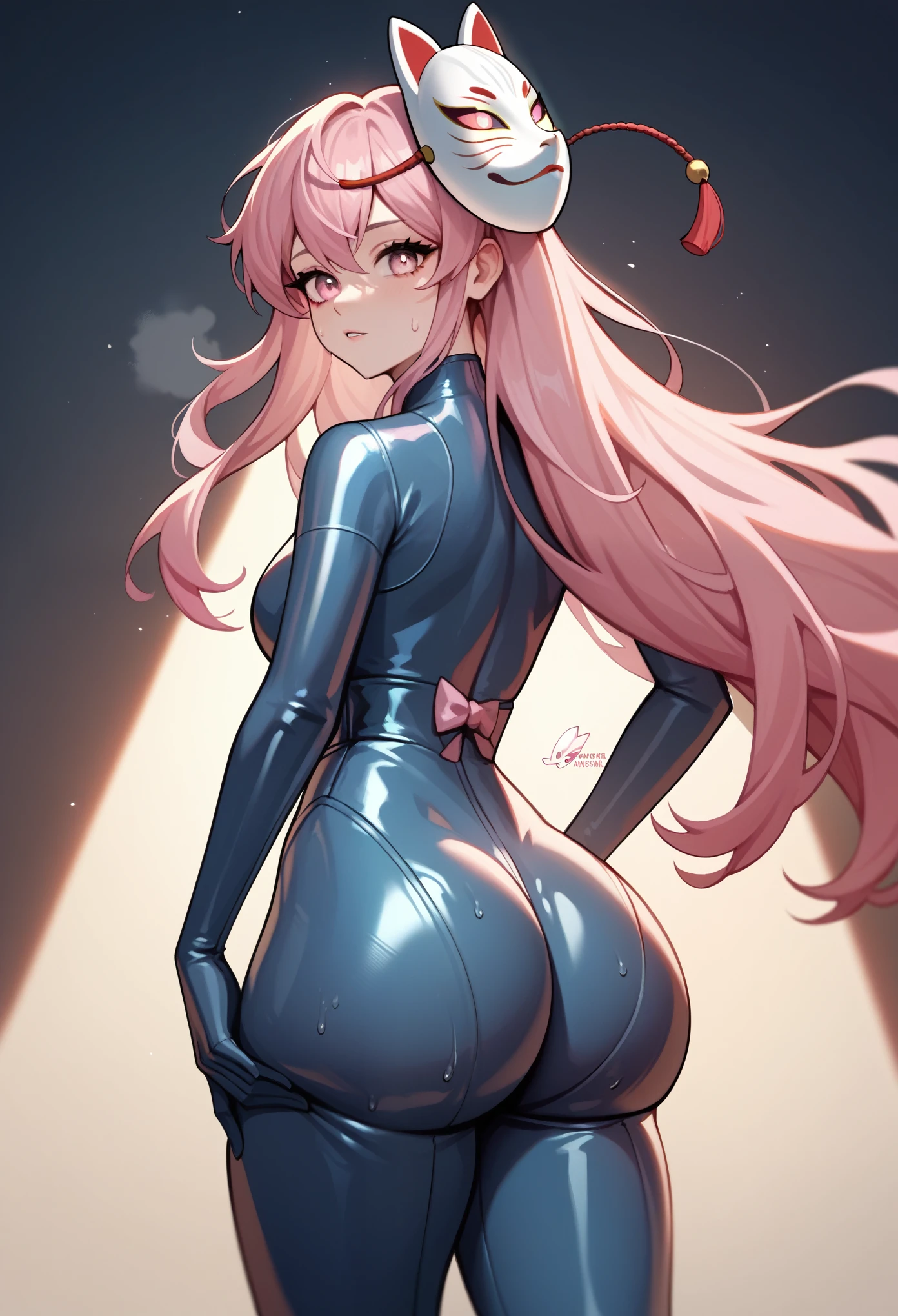 (masterpiece, Highest quality, Ultra-high resolution), 1girl, Hata no Kokoro, fox mask, Pink hair, long hair, pink eyes, mask on head, (dark blue latex bodysuit), The clothes fit perfectly, pink bowtie, latex has a strong metallic sheen, Glossiness, shiny, whole body slimy, Sweat, Stuffy, steamy, Glossiness, shiny, cute face, anime face, backlight, huge butt, ass, from behind, focus on ass