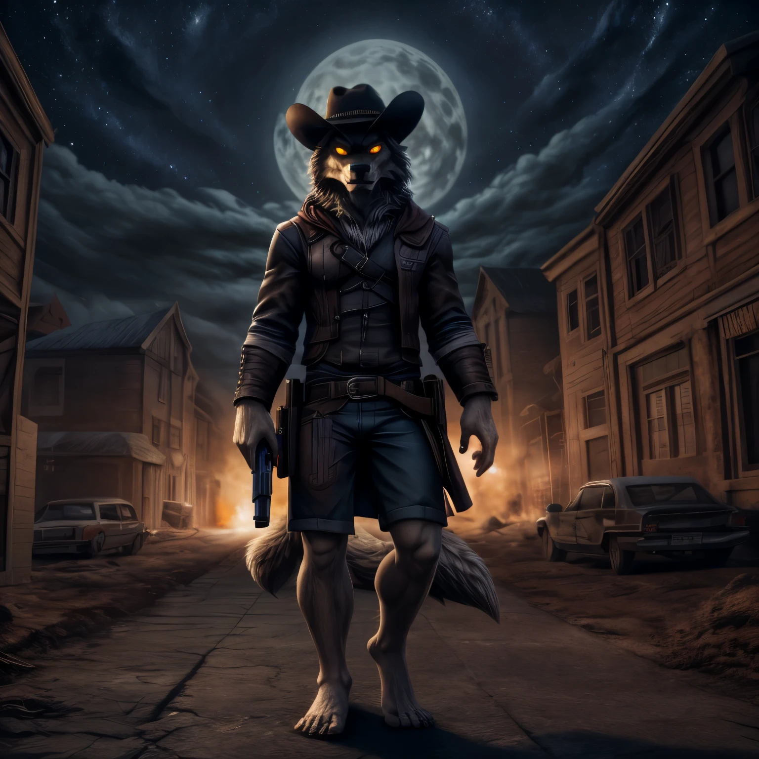 (((Barefoot furry character, full body, cinematic setting, furry male, plantigrade)))
portrait, ((mysterious stranger black long fur wolf gunslinger)), ((holding smoking gun)), ((holding revolver)), abandoned town, alone ,strange, surreal, desolate, ghostly, eerie, , solitude, short red cloak,red glowing eyes, fantastical, dangerous,night sky,red sky, cinematic lighting, volumetric lighting, Film grain, cinematic film still, shallow depth of field, highly detailed, (western atmosphere), black cowboy hat
BREAK, intricate details, highly detailed, extreme detail, octane render, fine art, best quality, highres, (detailed face:1.5), ((full_body)), UHD, (((perfect hands))), low light