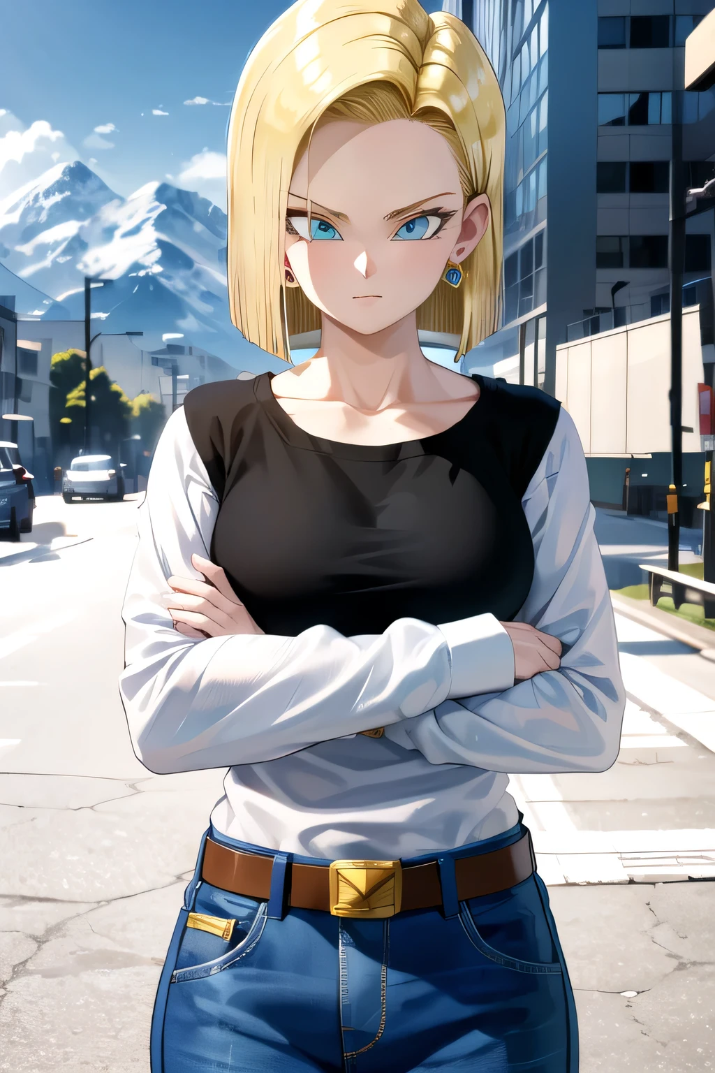 Android 18, 1girl, android 18, solo, blonde hair, blue eyes, short hair, mountain, crossed arms, belt, denim skirt, earrings, (long white sleeves:1.3), jewelry, looking at viewer, standing, shirt, blue skirt, collarbone, black shirt, denim, striped sleeves, breasts,