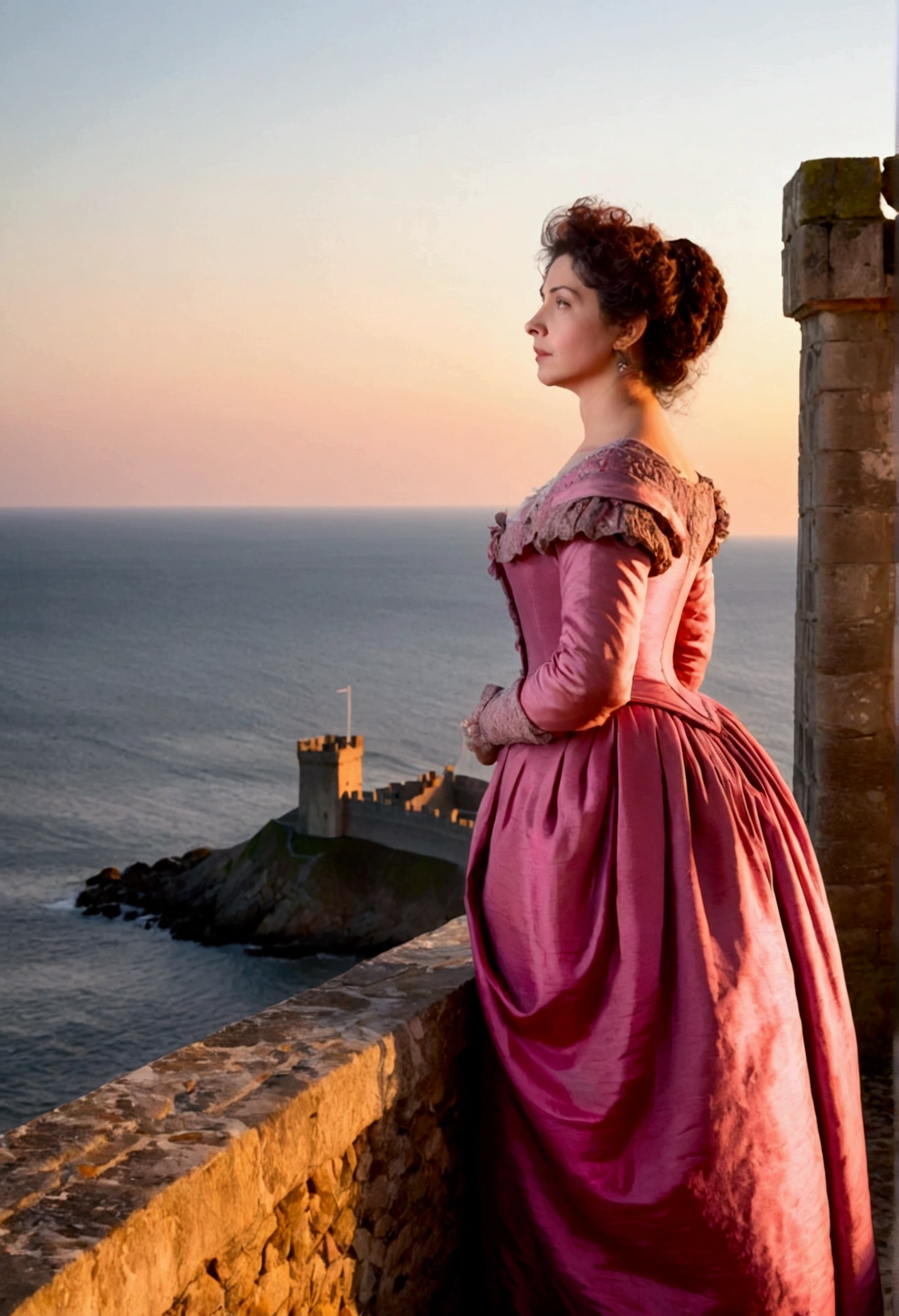 A 16th century Portuguese woman, a mature woman, a beautiful woman, a lonely expression as if waiting for someone, looking out at the sea from the castle walls, the wind blowing from the sea, the setting sun shining on her, the sky dyed pink,