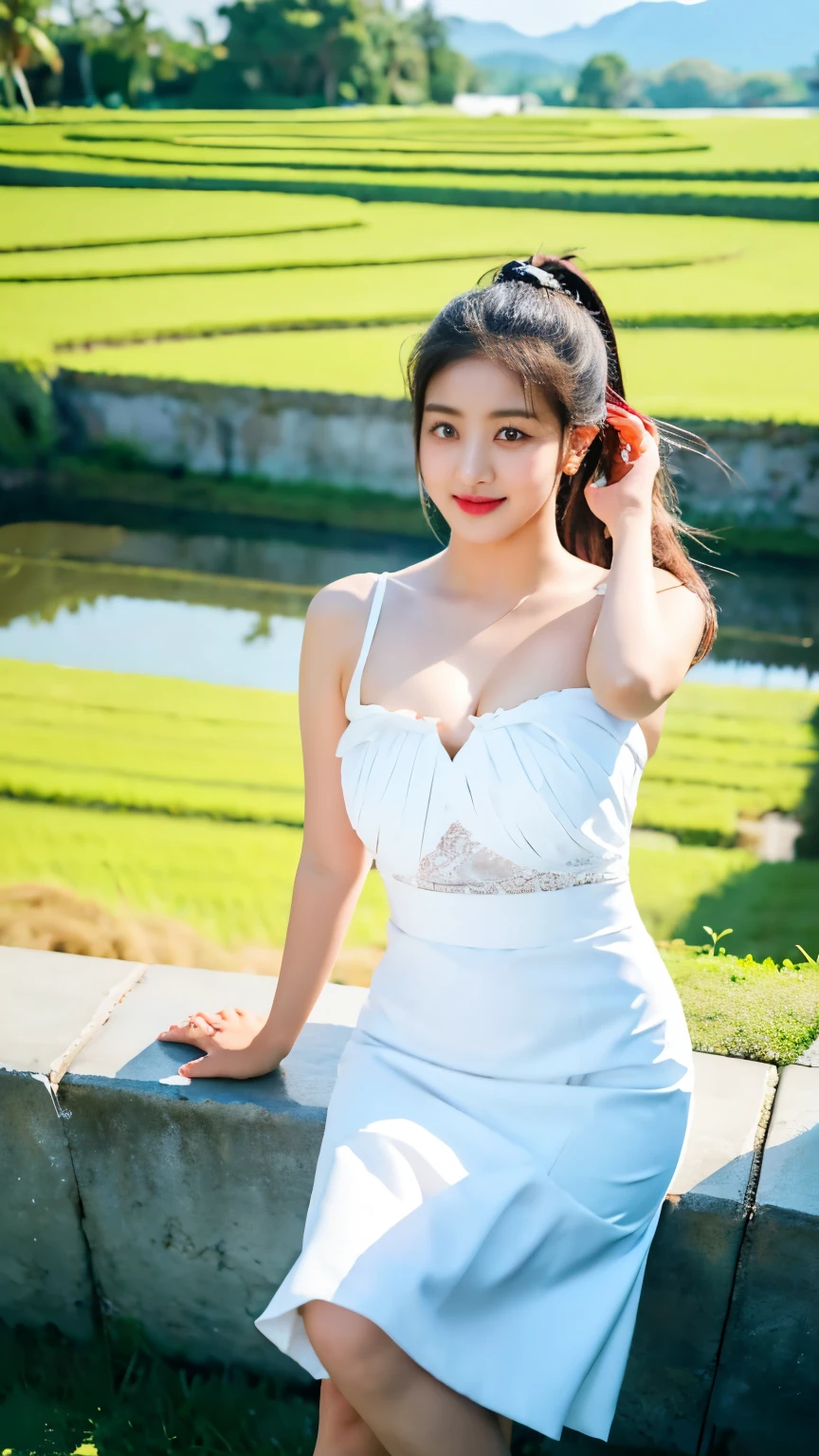 Photo, hyper realistic photo, 8K, ultra detail, ricefields scenery background, photo of Jihyo TWICE, colossal breasts, stunning cleavage, curvy body, pale white skin, wearing white dress, ponytail hairstyle, doing photo shoot session, looking at camera, cute pose, focus on subject, bokeh background