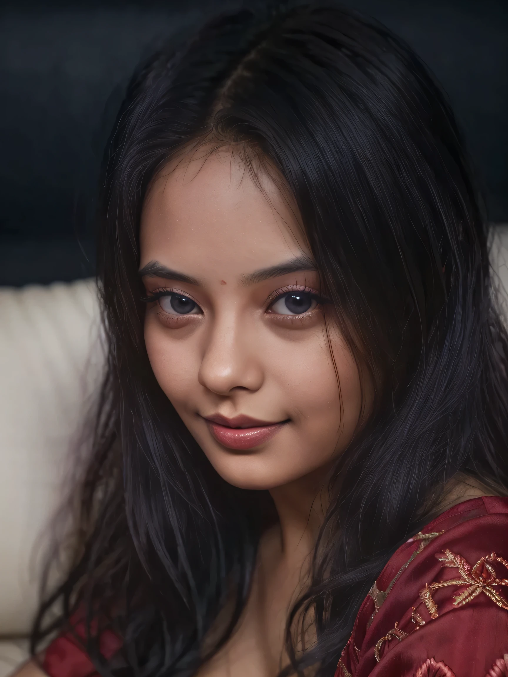 (Surrealism, modern, depth of field, cinematic lighting, glowing light, drop shadow, UHD, masterpiece, super detail, highres, 8k, hyper realist, extremely detailed, best quality, high detail, Ultra High Resolution, Realistic, Raw photography). (A pretty woman). (Random curly hair). (double eyelid). (Solo). (Poses freely on the sofa, showing cleavage ). (In the nighttime, deep shadow). (Light Smile). (red silk saree, embroidered patterns). (Cowboy shot).