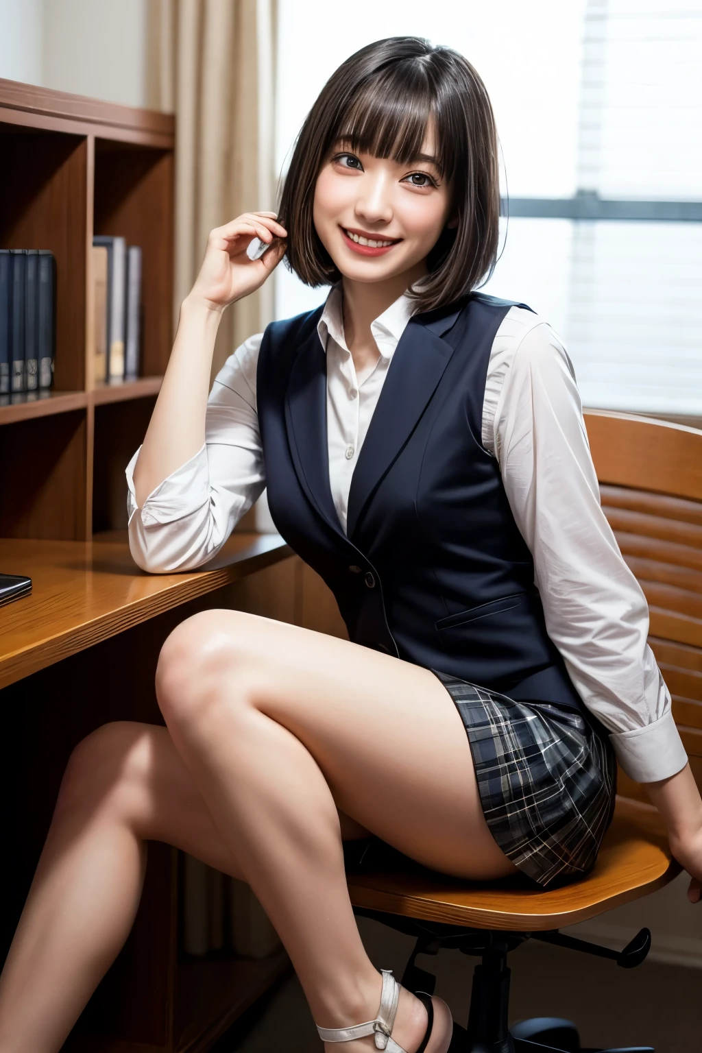 (realistic, photo-realistic:1.4), (masterpiece,best quality:1.2), RAW photo, high resolution, intricate details extremely detailed, sharp focus, portrait, frontal photography, look at viewer, solo, 1girl, a Japanese female idol, (office lady), (uniform,vest,tight skirt,bare legs:1.4), ankle strap sandals, (sitting at the desk), dark hair, (short bob hair, blunt bangs:1.2), (detailed face, beautiful detailed eyes, eyeliners, sophisticated nose, big smile), pale skin, photo background, indoors, office room,,[Rei Ozono,Sakurazaka46]