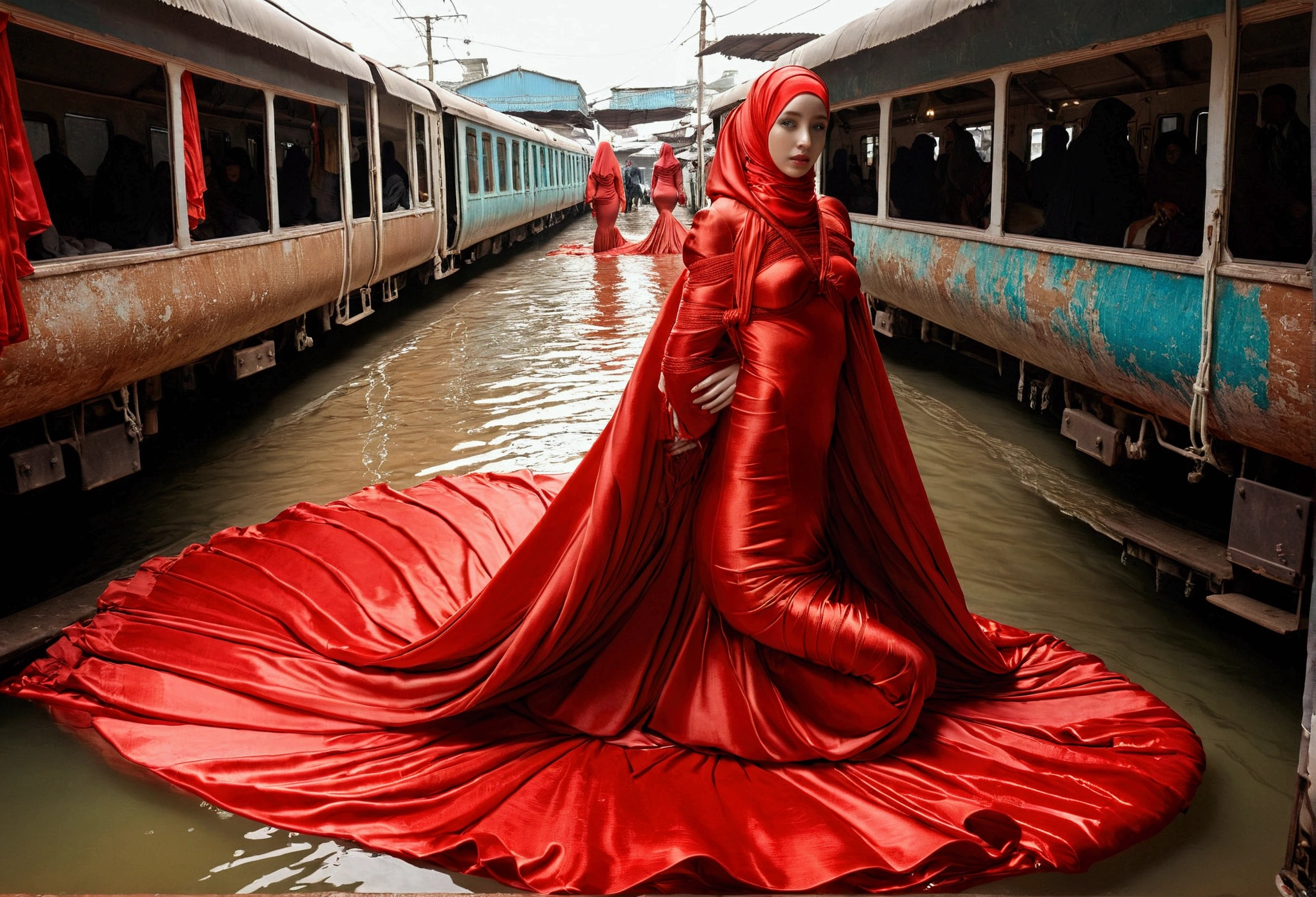 A woman shrouded in a 9-meter-long, plush red satin cloth, tightly bound and grandly draping along the form of her body, flowing off into a pooled floor-length train, styled in a mermaid-inspired outfit, her head modestly veiled in a satin hijab, 175 height woman, walk in wet traditional market, a full-body pose conveying a sense of elegance, captured in a 4k resolution, ultra-realistic