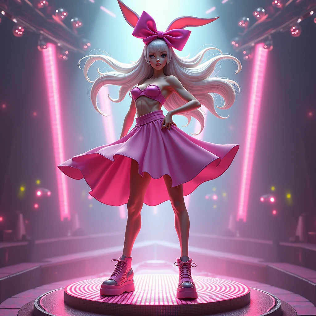 Barbie, ((Full body)), Blue eyes, Smiling face, Hair loss swaying in the wind, Hip Hop Singer Pose, Dressed in hip-hop style, Pink T-shirt included, ((Hand Modern Microphone)), Wearing a pink bow on his arm, Fashion, Extremely high quality, high details, 8K, 64k uhd, clean back ground, in studio, ((Full body shot)),