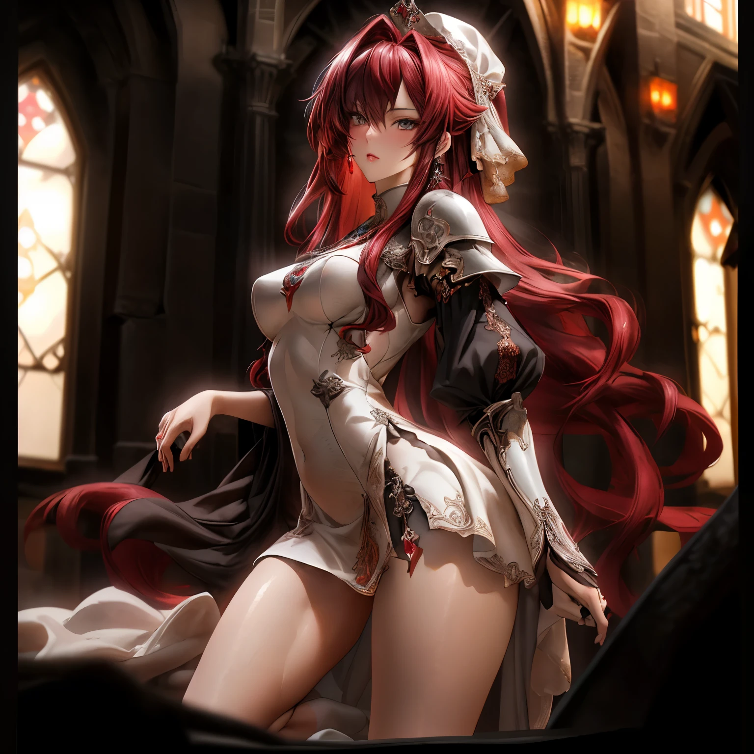 (high resolution, The pixels are perfect, luxurious illustration), (hyper qualit, Masterpiece, Ethereal: 1),nun, completely naked,in churches ((Naked Carmelto)), black areola, ((small breasts)),wet skin, (((light skin)))),Long hair, ((Sexual suggestiveness)) high-heels, nsfw, laying down exposed, breasts showing, red hair, green eyes