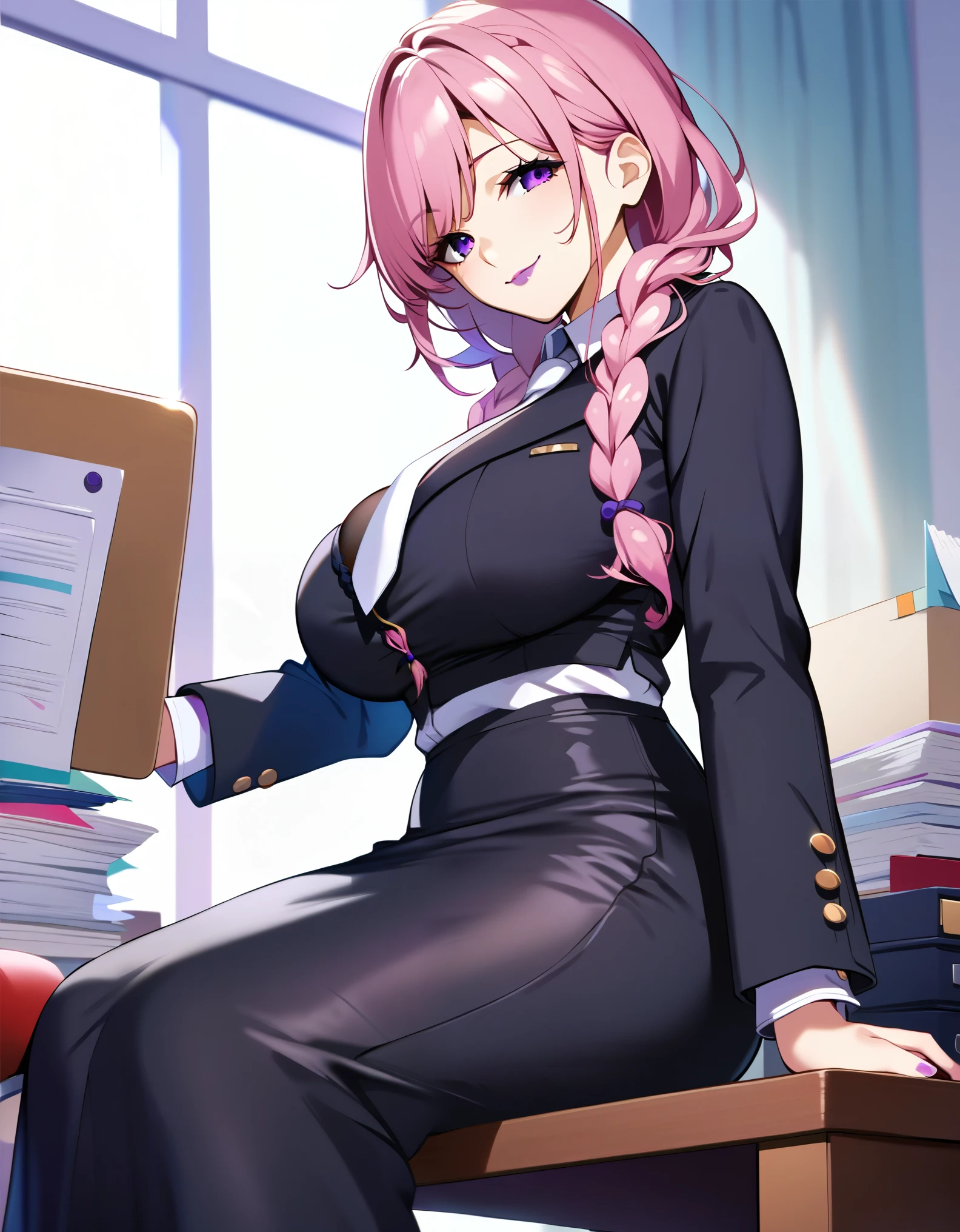 masterpiece, score_9, score_8_up, score_7_up, source_anime, extremely detailed, high quality, 1girl, milf, solo, dorothyrnd, (huge breasts:1.1), ((((pink hair), long hair, bangs, braids, purple eyes))), purple lips, (((black skirt, black coat long sleeves, white necktie, black long skirt))), ((seductive smile), closed mouth), ((sitting, on table, office))