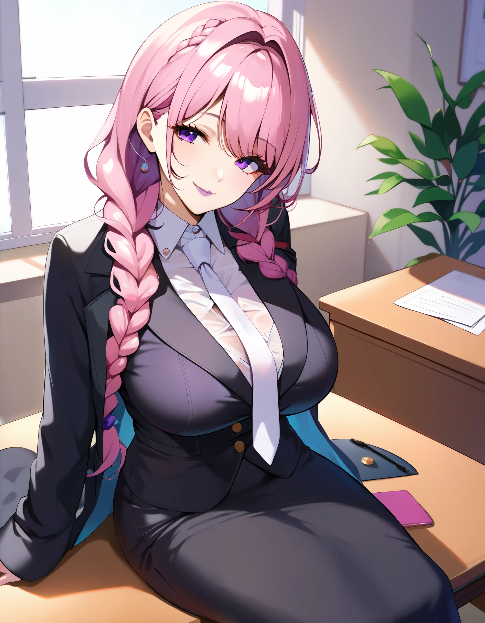 masterpiece, score_9, score_8_up, score_7_up, source_anime, extremely detailed, high quality, 1girl, milf, solo, dorothyrnd, (huge breasts:1.1), ((((pink hair), long hair, bangs, braids, purple eyes))), purple lips, (((black skirt, black coat long sleeves, white necktie, black long skirt))), ((seductive smile), closed mouth), ((sitting, on table, office))