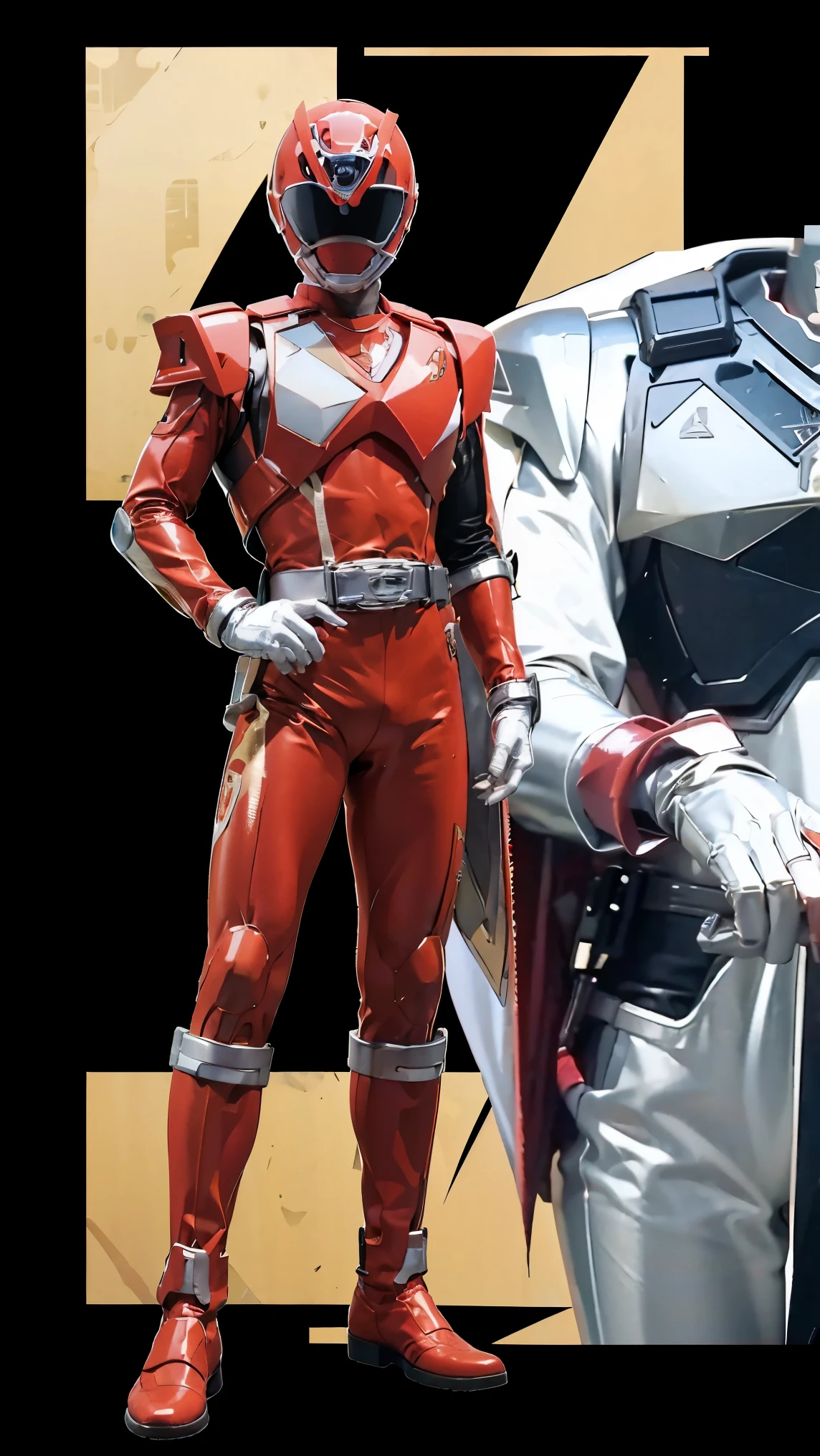 1boy, full body, Illustration, cinematic light, high resolution, best quality, ultra detailed, masterpiece, power suit, powerranger, suit, spd, (Silver and Gold chestplate), red and gold detail, (((white suit))),