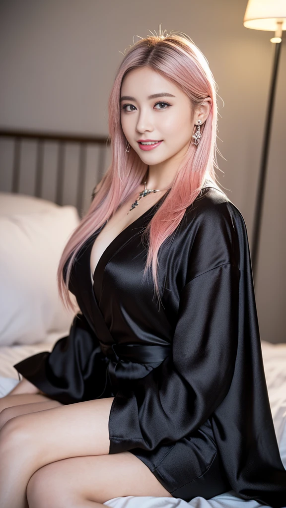 ((Realistic lighting, top quality, 8K, Masterpiece: 1.3)), clear focus: 1.2, 1 girl, perfect body beauty: 1.4, slim abs: 1.1, ((pink hair, long straight hair, earrings , necklace, 1.3)), (wearing a black silk robe, in the big bedroom, makeup vanity, night time, dark, sexy pose, ultra-fine face, narrow eyes, double eyelids, seducing with sexual expressions, 20 year old Japan, big ass, huge, emphasis on breasts, smile , laying next to the wall, hourglass body, , full body shot