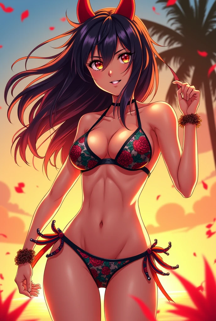 Anime mommy with black hair Tied up and messy in the front and white horns and sexy bodysuit, with red eyes And a naughty face Also put big butterfly tattoo On Right thigh and Japanese letters on the Left thigh