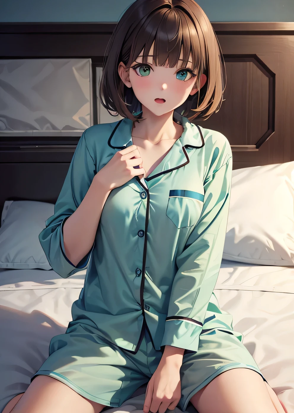 Black Hair、Iris、short hair、Girl、Baby Face、cute、high school student、pajamas、Watery eye、、Small breasts、Bedroom、bed、Bedwetting、Lying on your back