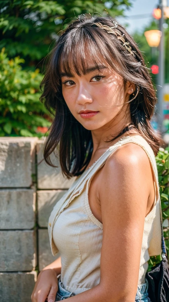 Masterpiece, best quality, ultra high resolution, hyper realistic, realistic, (photorealistic:1.4), masterpiece of analog film photograph a girl, taken by Hideaki Hamada using Pentax 67II and Kodak Portra, realistic depiction, Long straight hair, wearing a white sleeveless top, casual denim jacket draped over shoulders, leaning against a tree, smooth skin, nighttime urban setting with street lamps and blooming trees, warm lighting with soft shadows, relaxed and natural atmosphere, captured at a slight side angle, shallow depth of field highlighting the subject