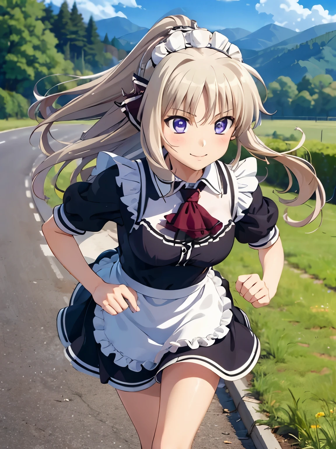 Ultra-precision,masterpiece,(Anime illustration style),1 girl,rinne berlinetta, (running:1.5), 可愛いsmile, Knee socks, Long Hair, Purple eyes, Ascot,smile, View your viewers, Ahoge,ponytail, Long Hair,  skirt, (ビクトリア朝Maid clothes:1.3)、Maid clothes、白いMaid clothes,Closed Mouth、Brown Hair,(Realistic, Clenched hands,Genuine, Genuine的、Realistic:1.2), (Flowing Scenery:1.3),Highest quality、 Cowboy Shot